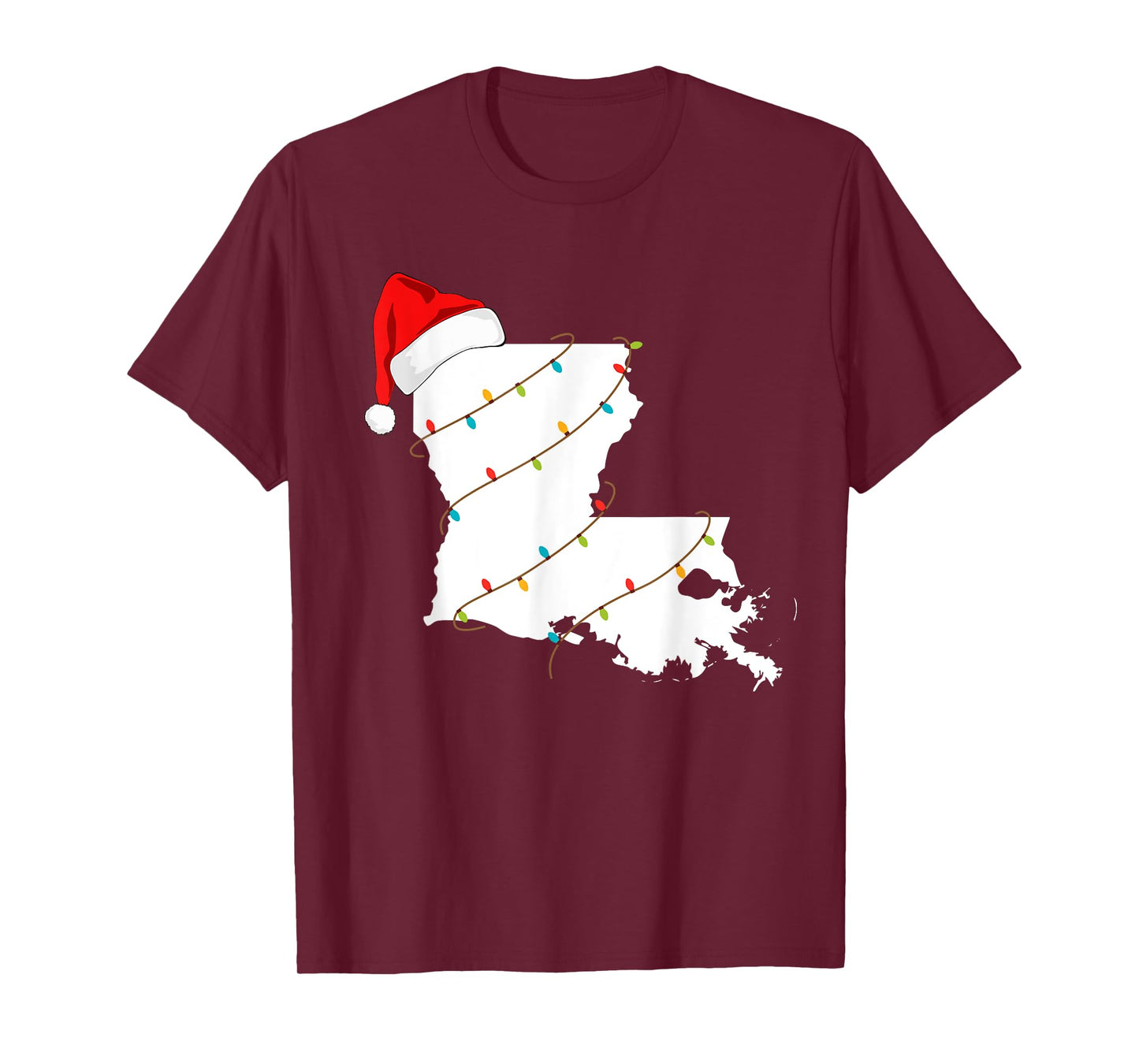 Louisiana Map Christmas T-Shirt With Santa Hat Xmas Lights T-Shirt
