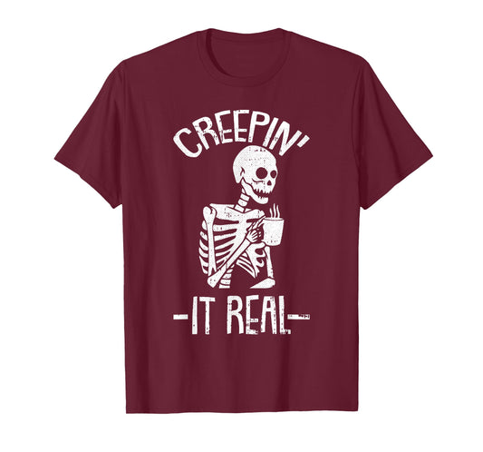Creepin It Real Lazy Halloween Costume Funny Skeleton Skull T-Shirt