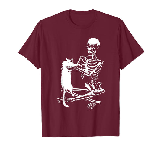 Skeleton Holding A Cat Shirt Lazy Halloween Costume Skull T-Shirt