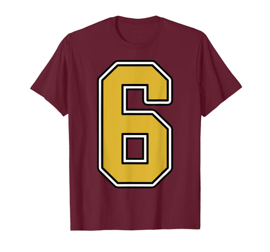 Old Gold Black White Sports Number 6 Jersey Uniform Player T-Shirt