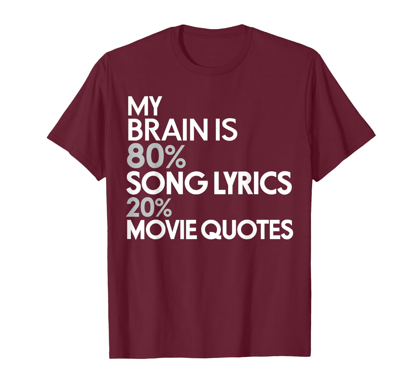 My Brain is 80% Song Lyrics 20% Movie Quotes: Funny T-Shirt T-Shirt