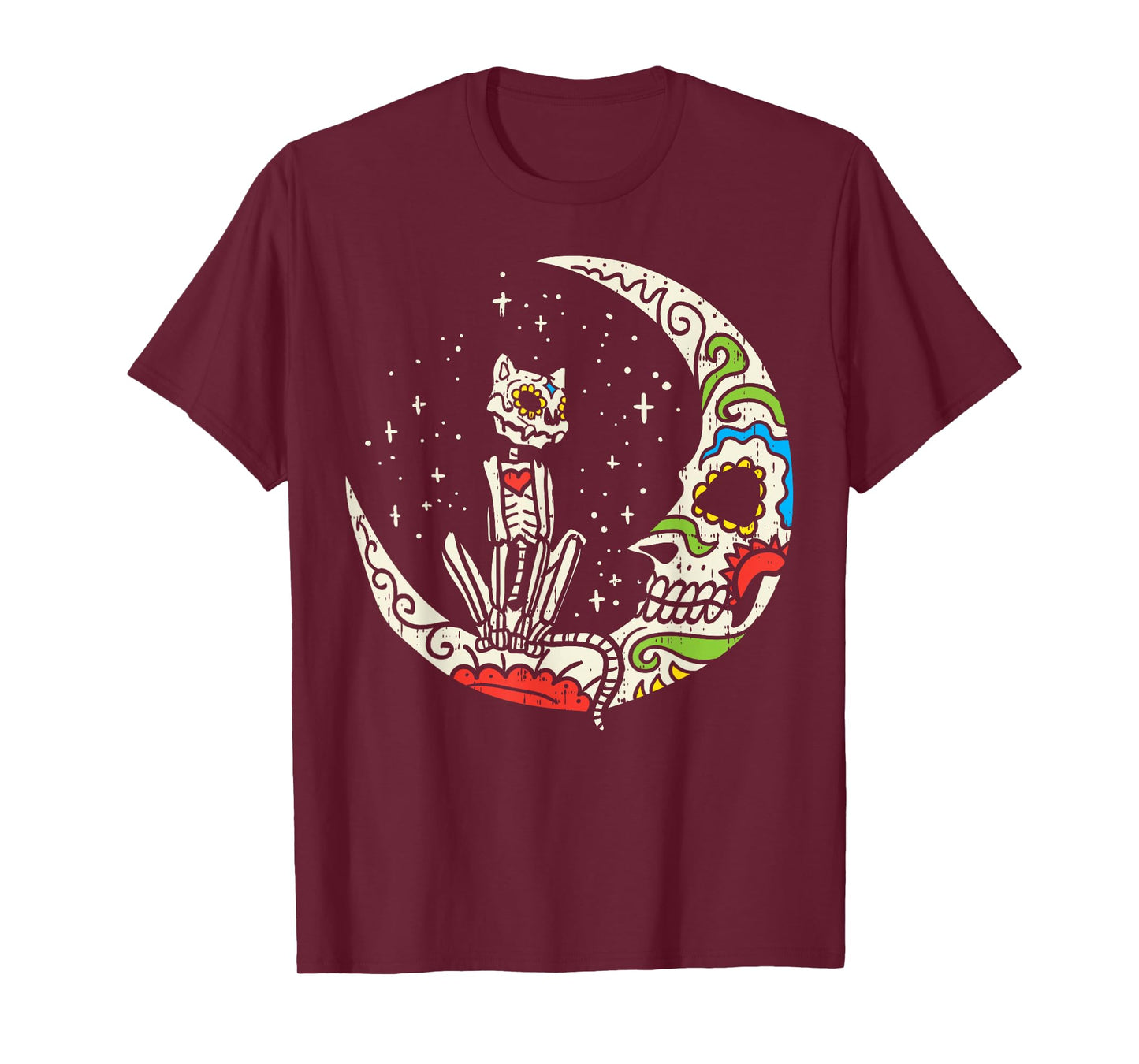 Sugar Skull Cat Moon Dia De Los Muertos Halloween Costume T-Shirt