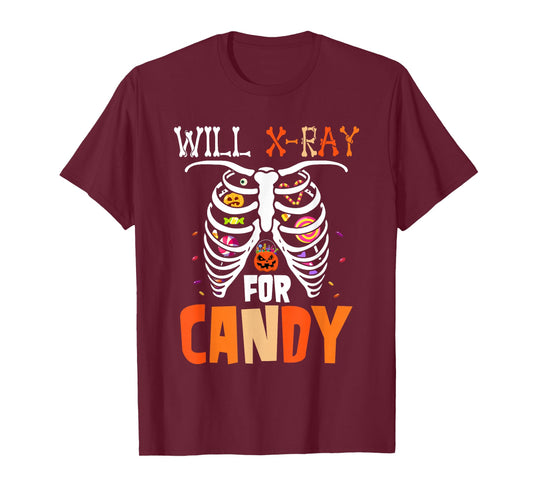 Will X-Ray for Candy Halloween Candy in Skeleton Rib Cage T-Shirt