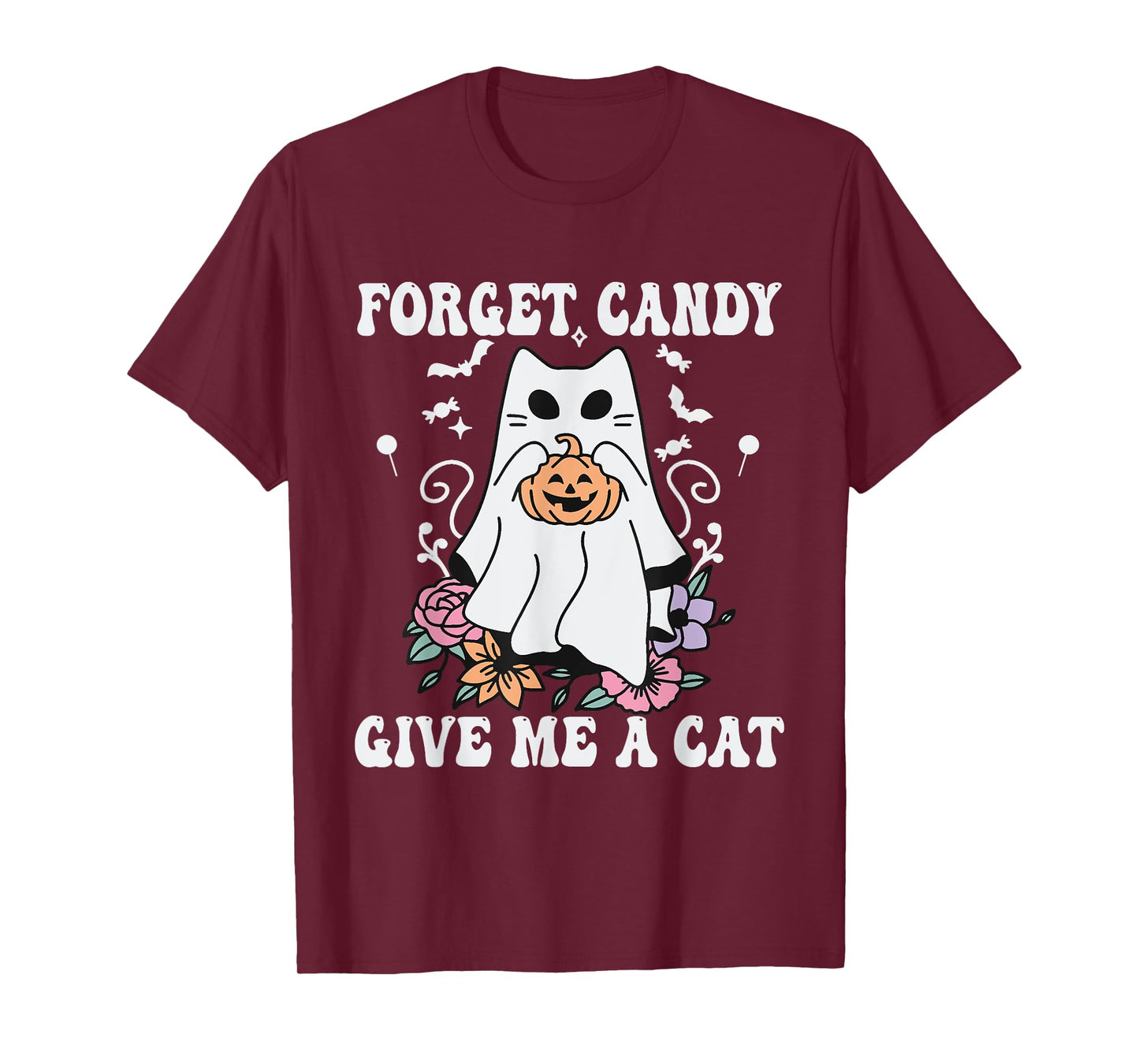 Floral Ghost Cat Halloween Forget Candy Give Me Cat T-Shirt