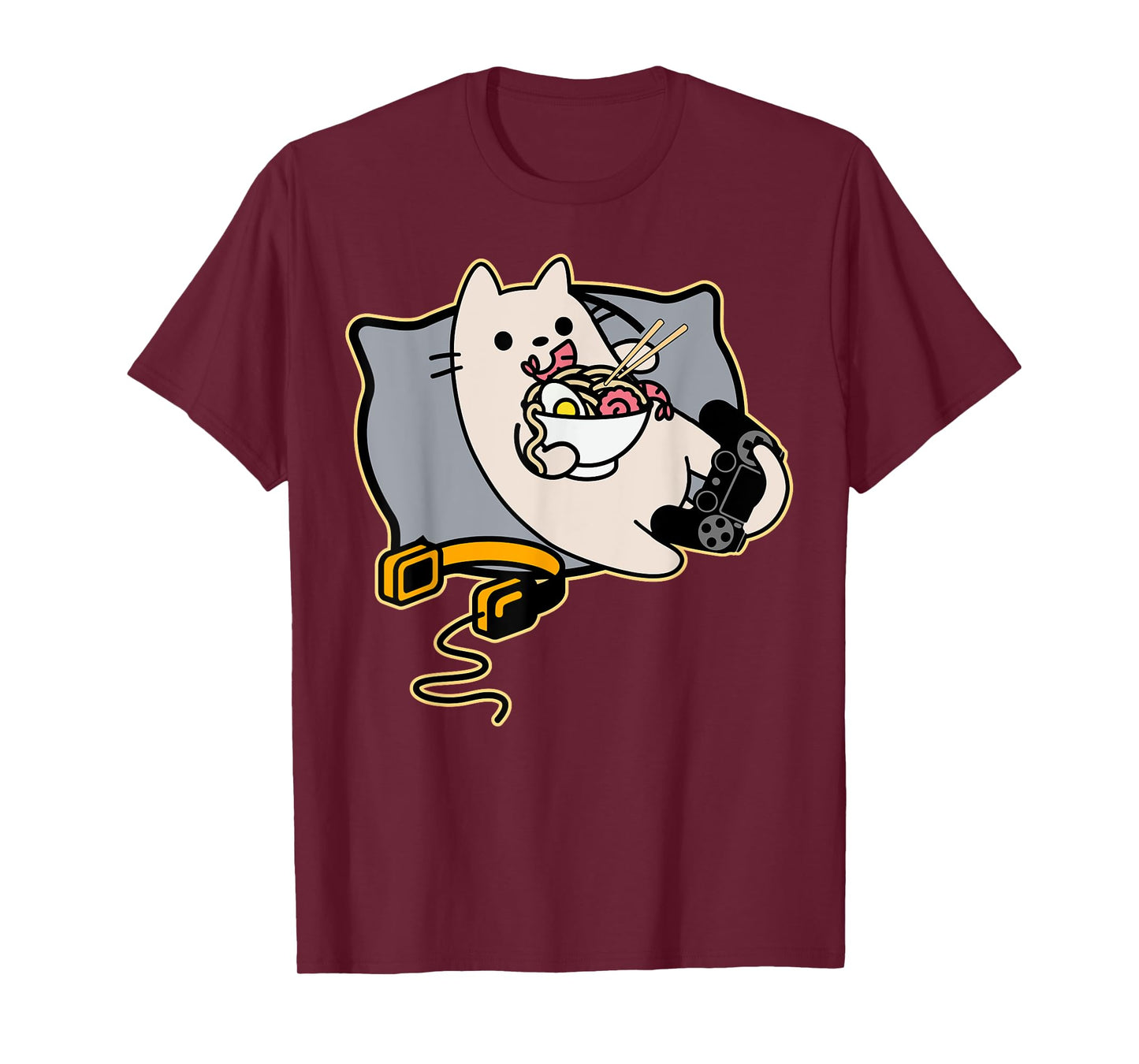 Nerdy Ramen Eating Gamer Cat Game Paused T-Shirt