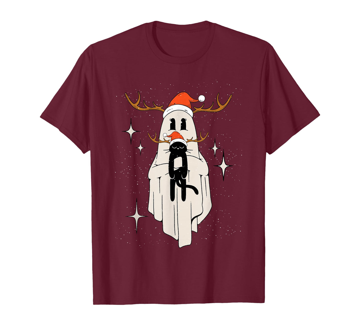 Cute Ghost with Santa Hat holding Black Cat - Kids Women Men T-Shirt