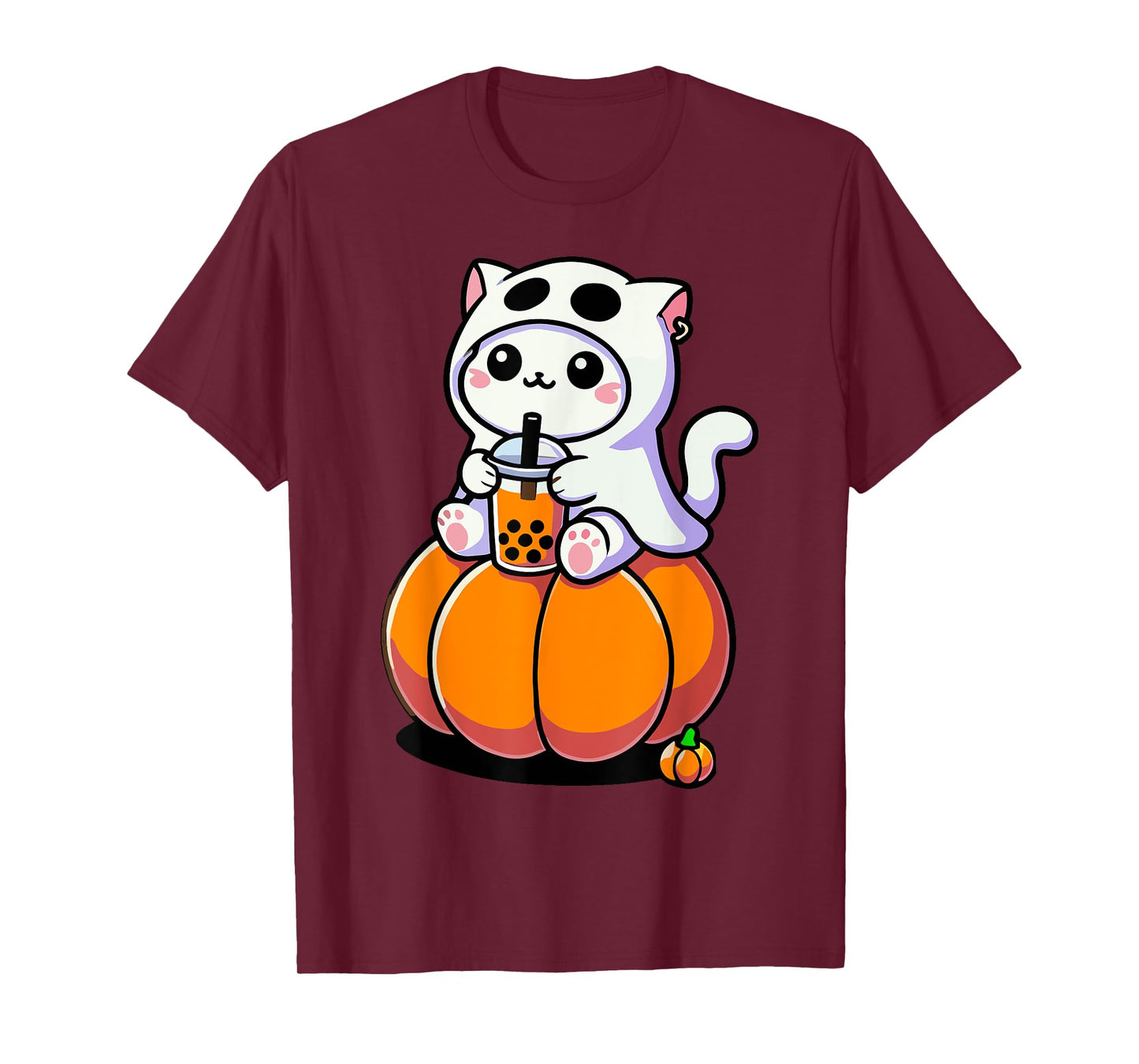 Cute Halloween Cat in Ghost Costume Drinking Boba Tea Tees Men Women Kids T-Shirt