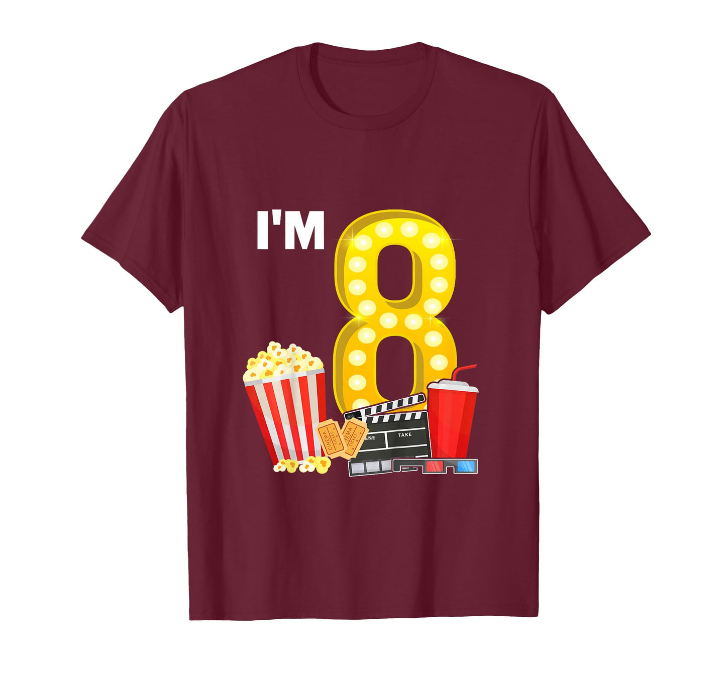 8th Birthday Movie Night Popcorn 8 Years Old Cinema T-Shirt