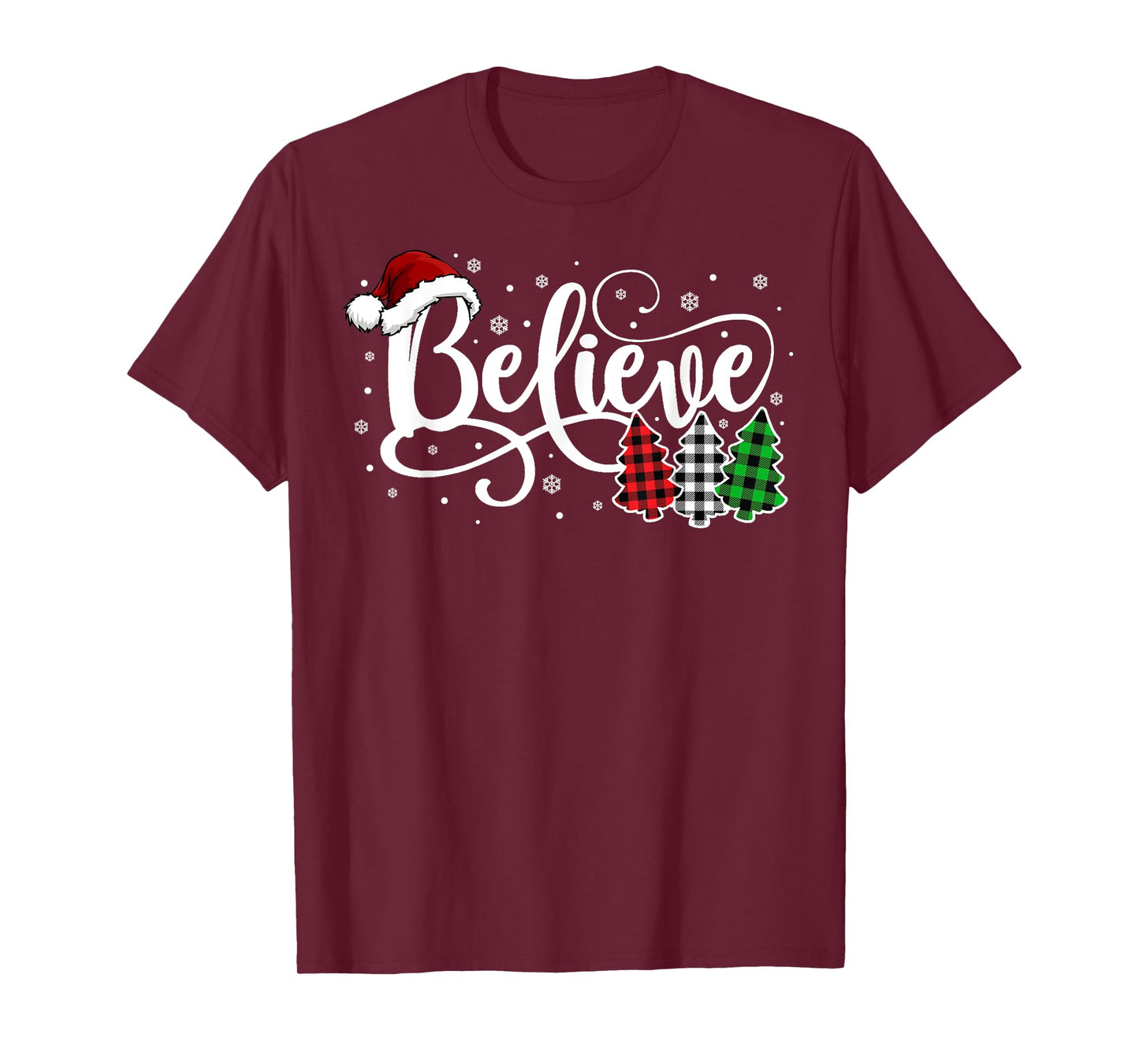 Christmas Believe Santa Claus Xmas Tree Family Buffalo Plaid T-Shirt