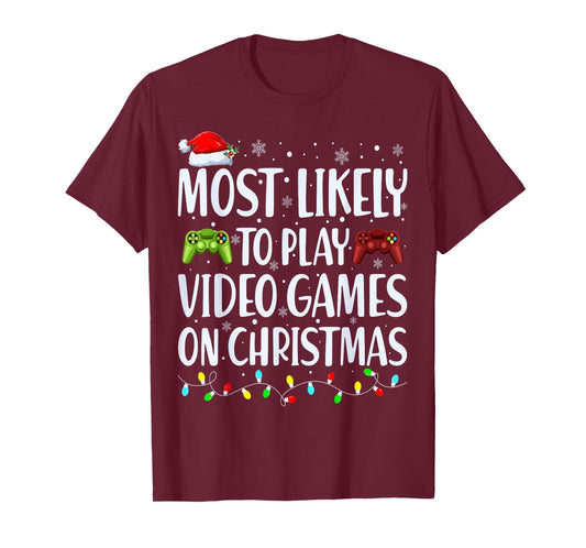 Most Likely To Play Video Games On Christmas Xmas Lights T-Shirt