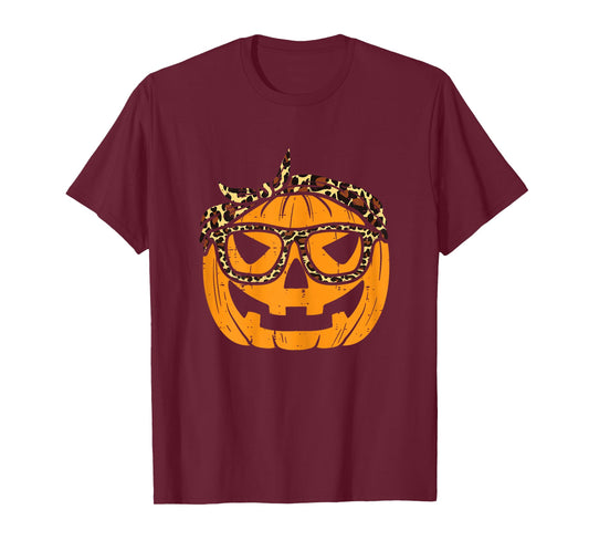 Pumpkin Leopard Bandana Cute Halloween Women Girls Ladies T-Shirt