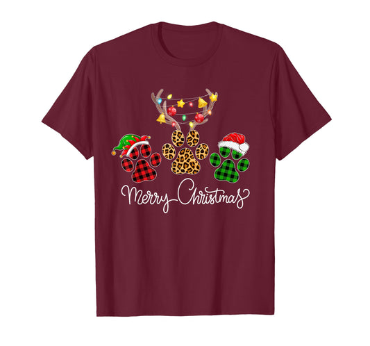 Merry Christmas Dog Paws Lights Buffalo Plaid & Leopard Xmas Men Women Kids T-Shirt