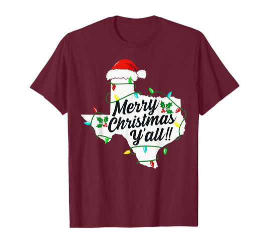 Funny Texas Merry Christmas Y'all State Santa Hat Lights T-Shirt