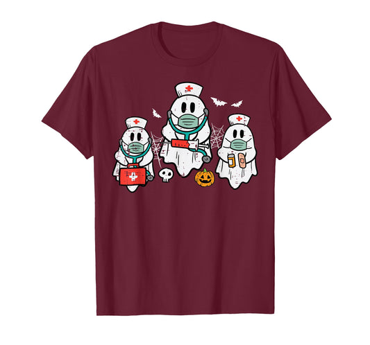 Halloween Ghost Nurses Funny ER Crew Costume Scrub Top Women T-Shirt