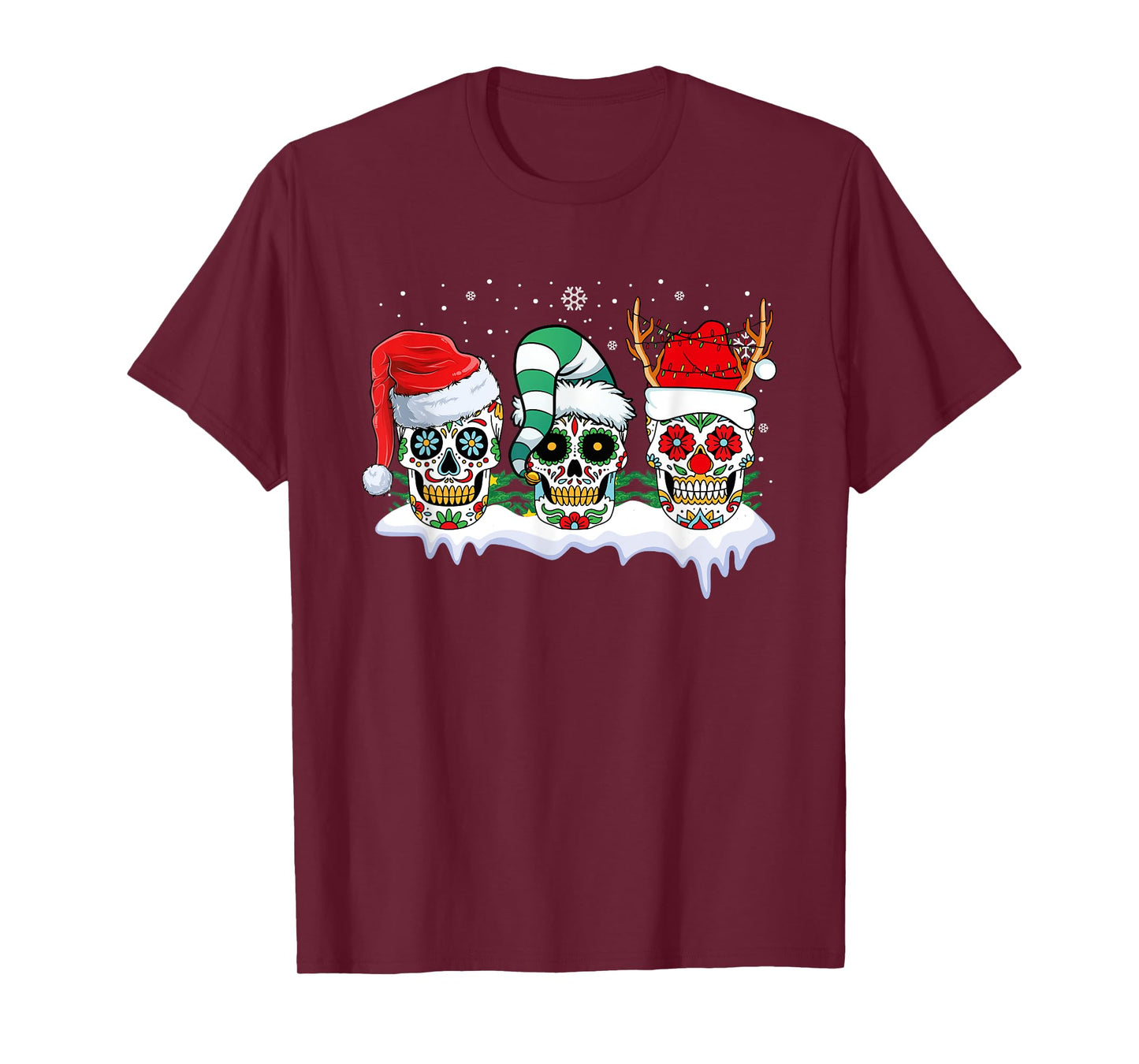 Mexican Calavera Skull Santa Flower Sugar Skull Christmas T-Shirt