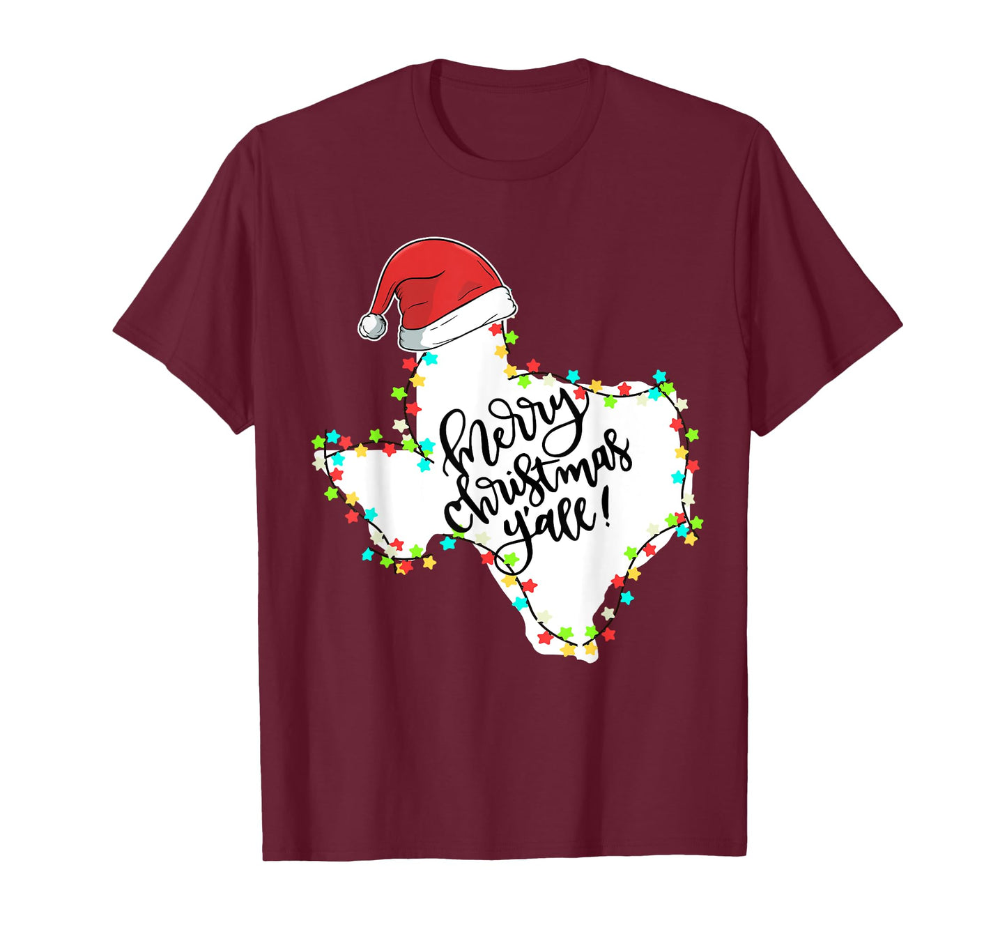 Texas Merry Christmas Y'all State Santa Hat & Lights T Shirt T-Shirt