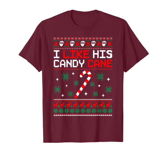 Merry Xmas Funny Couples Christmas Matching I Like His Candy Cane Black Unisex-Adults Small Crew Neck T-Shirt