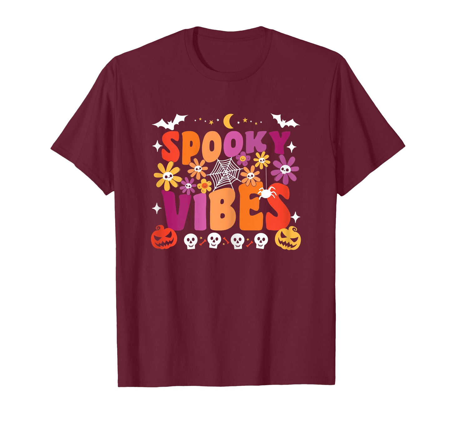 Womens Groovy Spooky Vibes Ghost Floral Retro Halloween Team Spooky T-Shirt