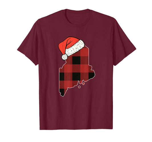 Maine Plaid Christmas Santa Hat Holiday Matching Design T-Shirt