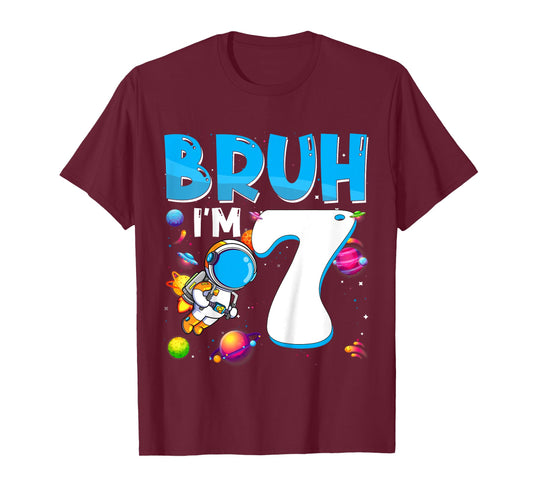 Kids 7th Birthday Boy Space Astronaut Bruh I'm 7 Years Old T-Shirt