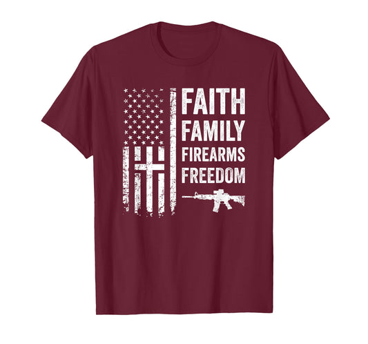 Faith Family Firearms & Freedom - Pro God Gun USA Cross Flag T-Shirt