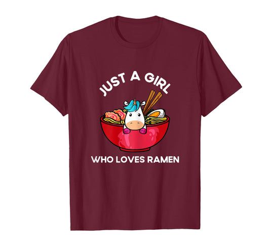 Womens JUST A GIRL WHO LOVES RAMEN KAWAII ANIME JAPANESE NOODLES T-Shirt