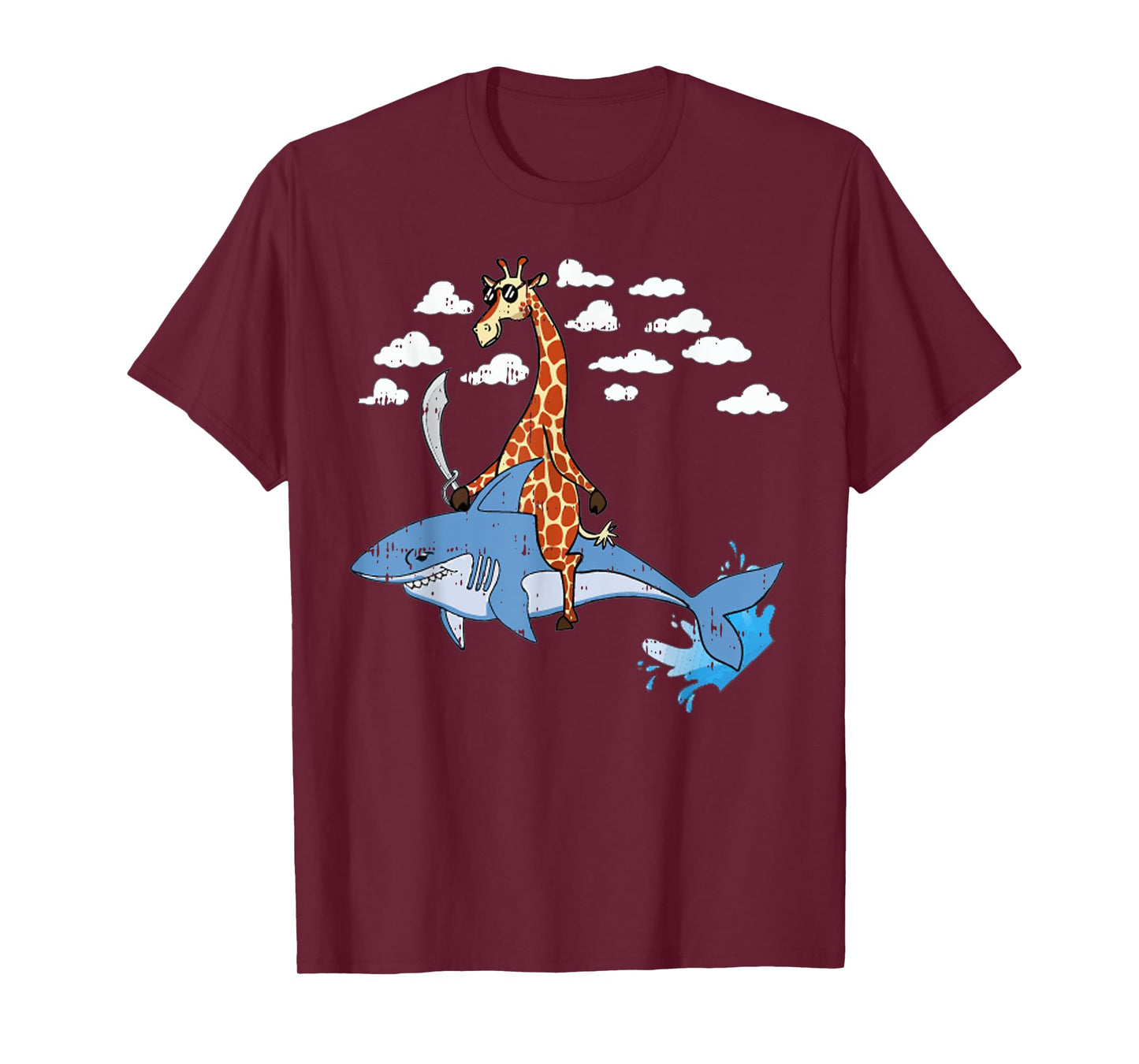 Giraffe Pirate Riding Shark Sword Cute Animal Halloween Gift T-Shirt