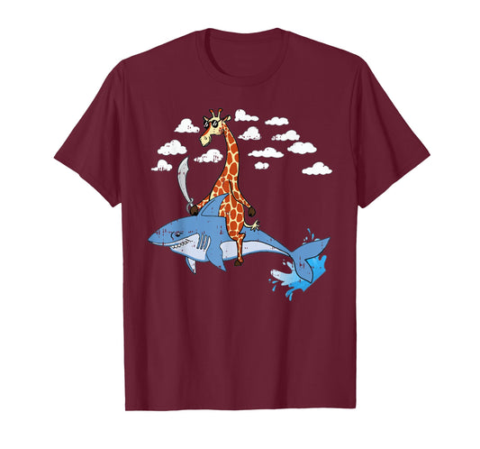 Giraffe Pirate Riding Shark Sword Cute Animal Halloween Gift T-Shirt