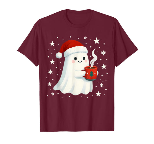 Cute Christmas Ghost Wearing Santa Hat Holding Hot Cocoa Mug T-Shirt