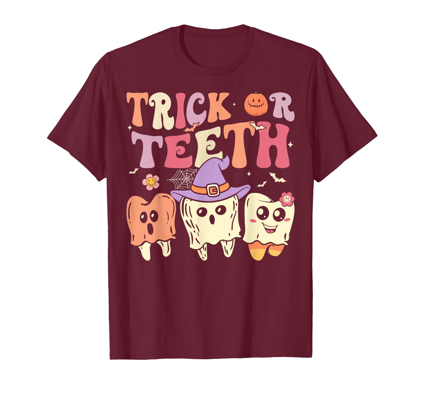 Groovy Dental Halloween Retro Trick or Teeth Floral Ghost T-Shirt