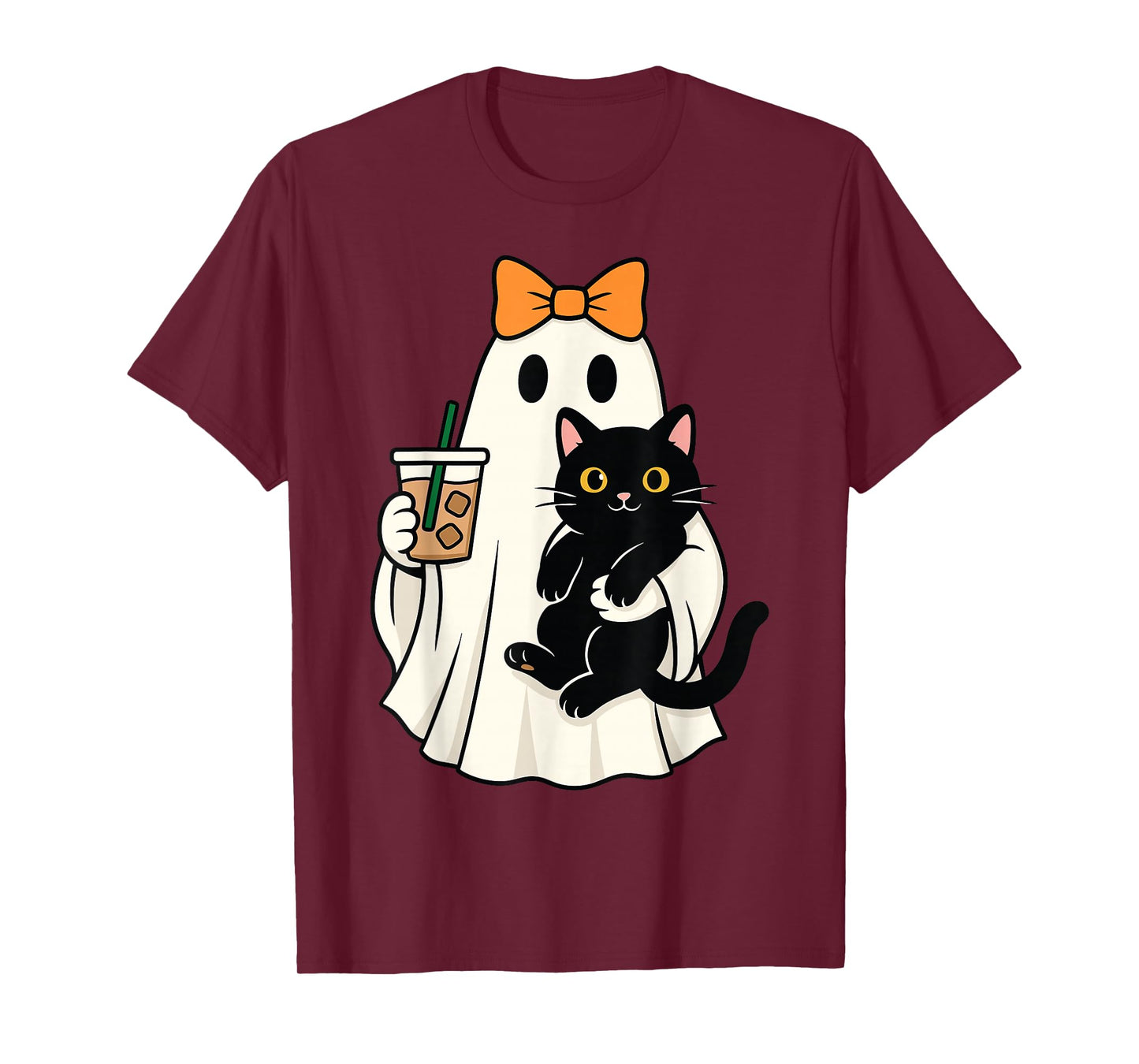 Cute Halloween Cat Ghost Drinking Coffee Ghost Women Girls T-Shirt
