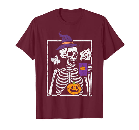 Halloween Skeleton Pumpkin Coffee Funny Costume Men Women T-Shirt