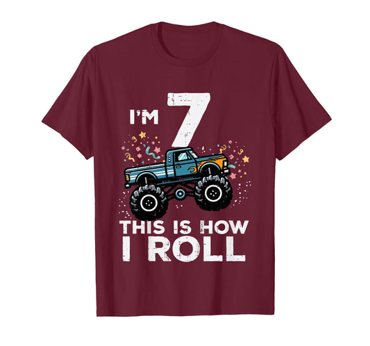 Kids Im 7 Monster Truck This How I Roll 7th Birthday Boys Kids T-Shirt