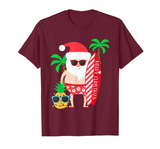 Santa Surfing Hawaiian Beach Christmas In July Tropical T-Shirt