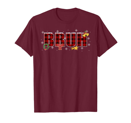 Bruh Funny Christmas Red Plaid Teens Boys Kids Xmas Pajamas T-Shirt
