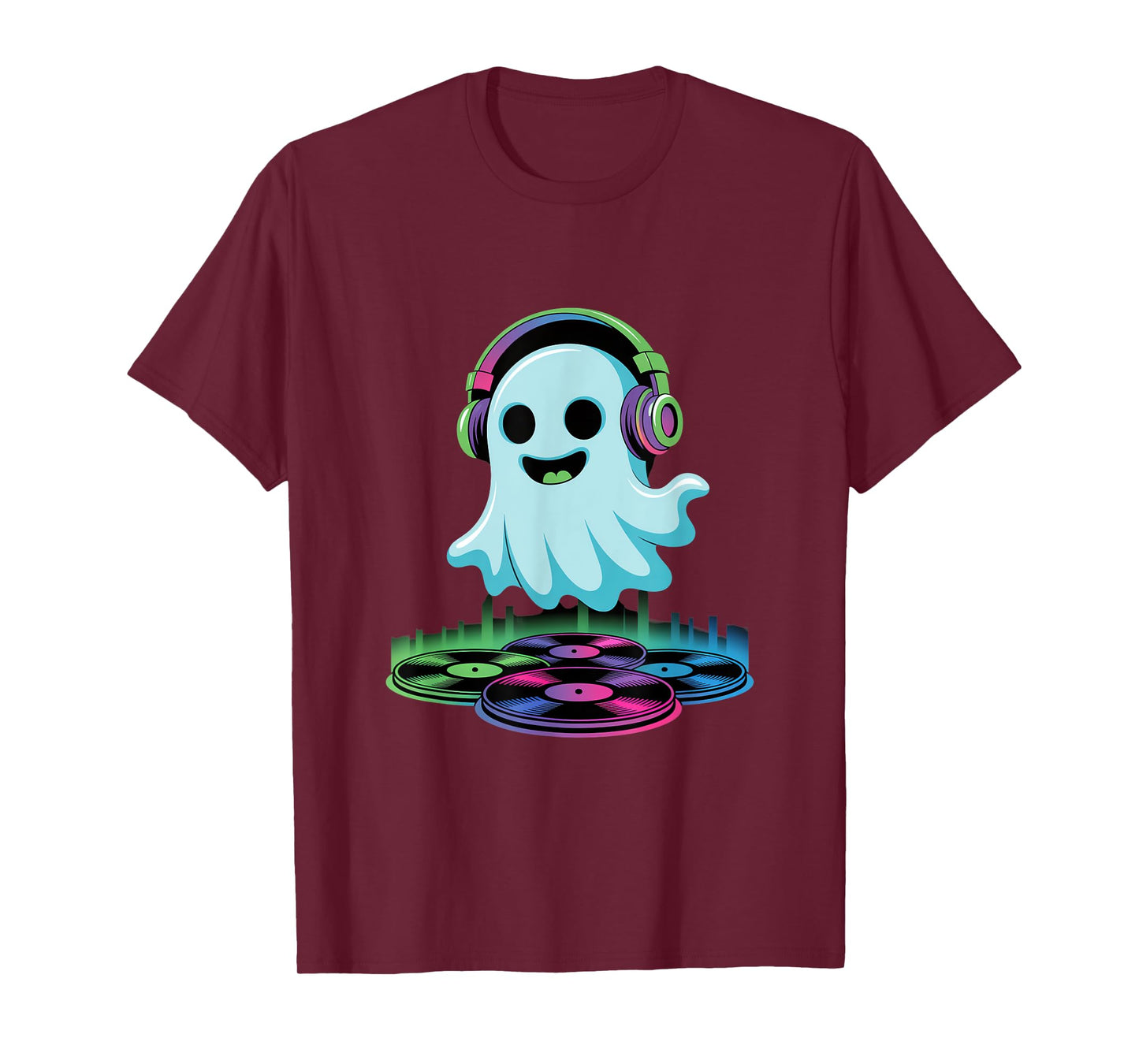 Halloween DJ Ghost With Headphones Fun Vinyl T-Shirt