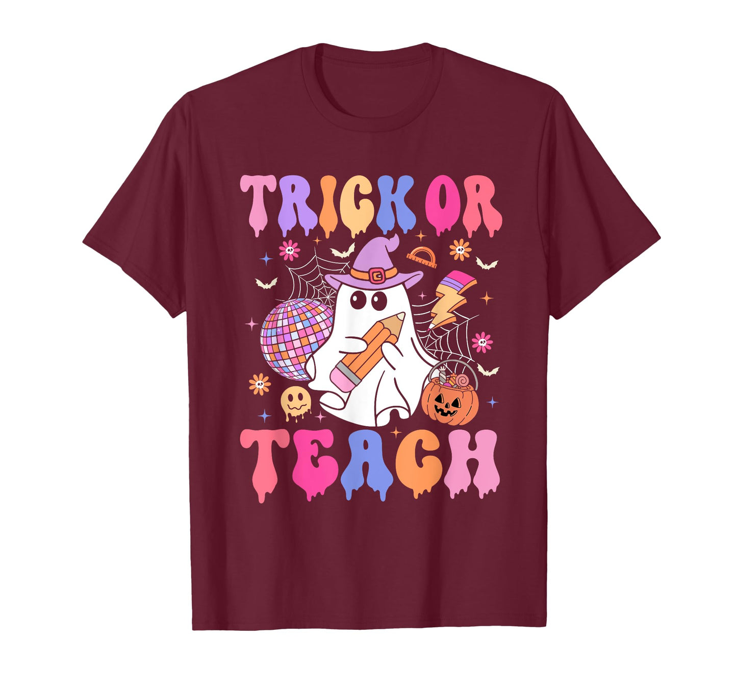 Trick Or Teach Groovy Halloween Floral Ghost Teacher T-Shirt