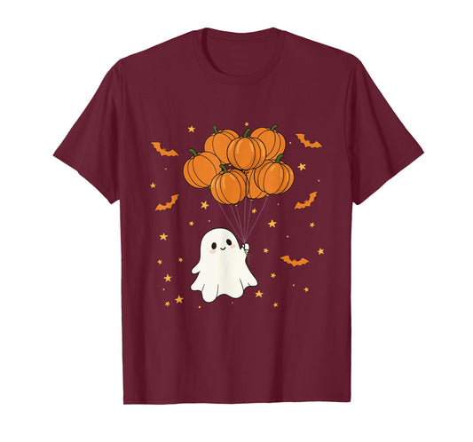 Cute Ghost Flying with Pumpkin Balloons Halloween T-Shirt