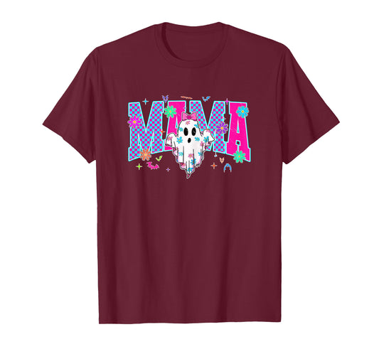 Neon Checkered Halloween Ghost Mama Costume Mommy Halloween T-Shirt