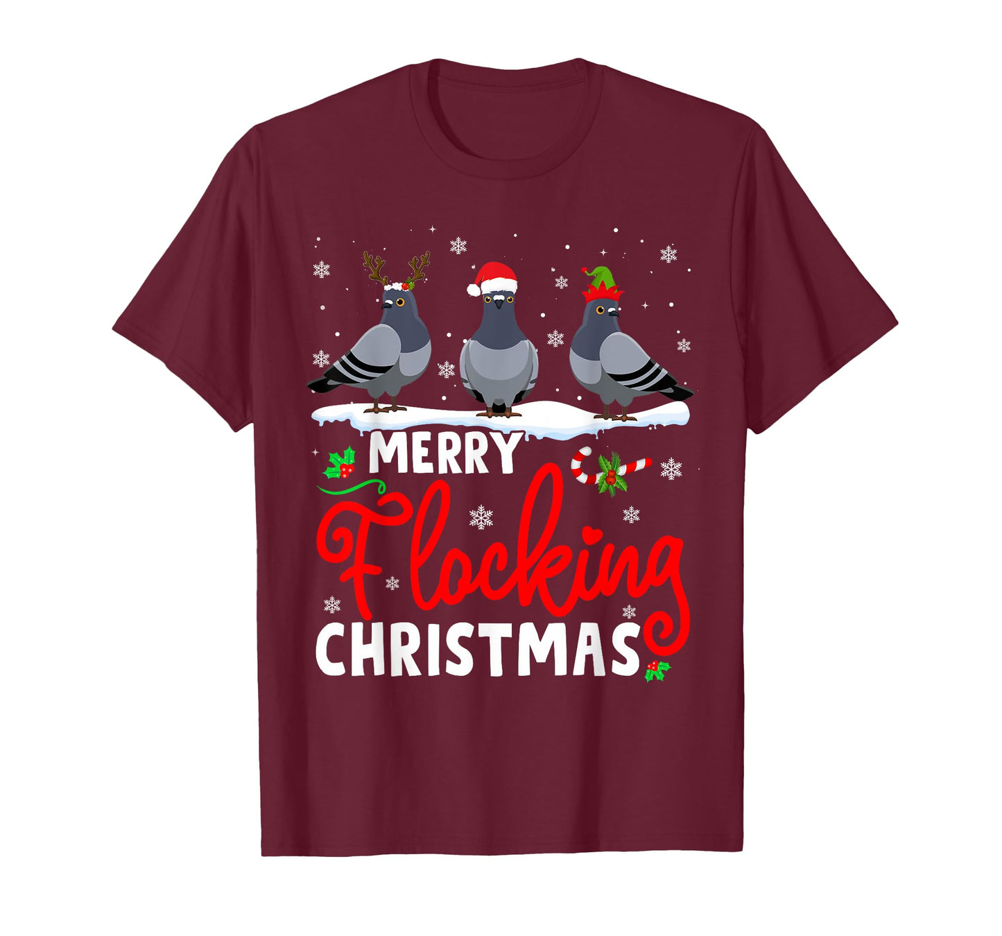 Merry Flocking Christmas Reindeer Santa ELF Pigeon Xmas T-Shirt