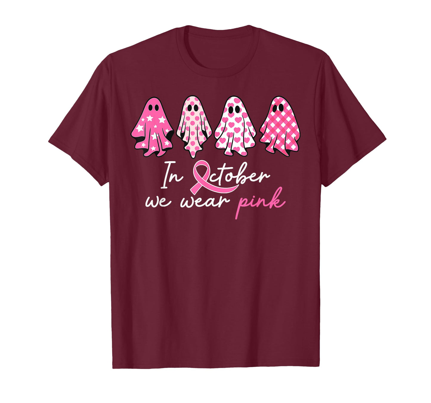 in October We Wear Pink Ghost Witch Breast Cancer Awareness T-Shirt