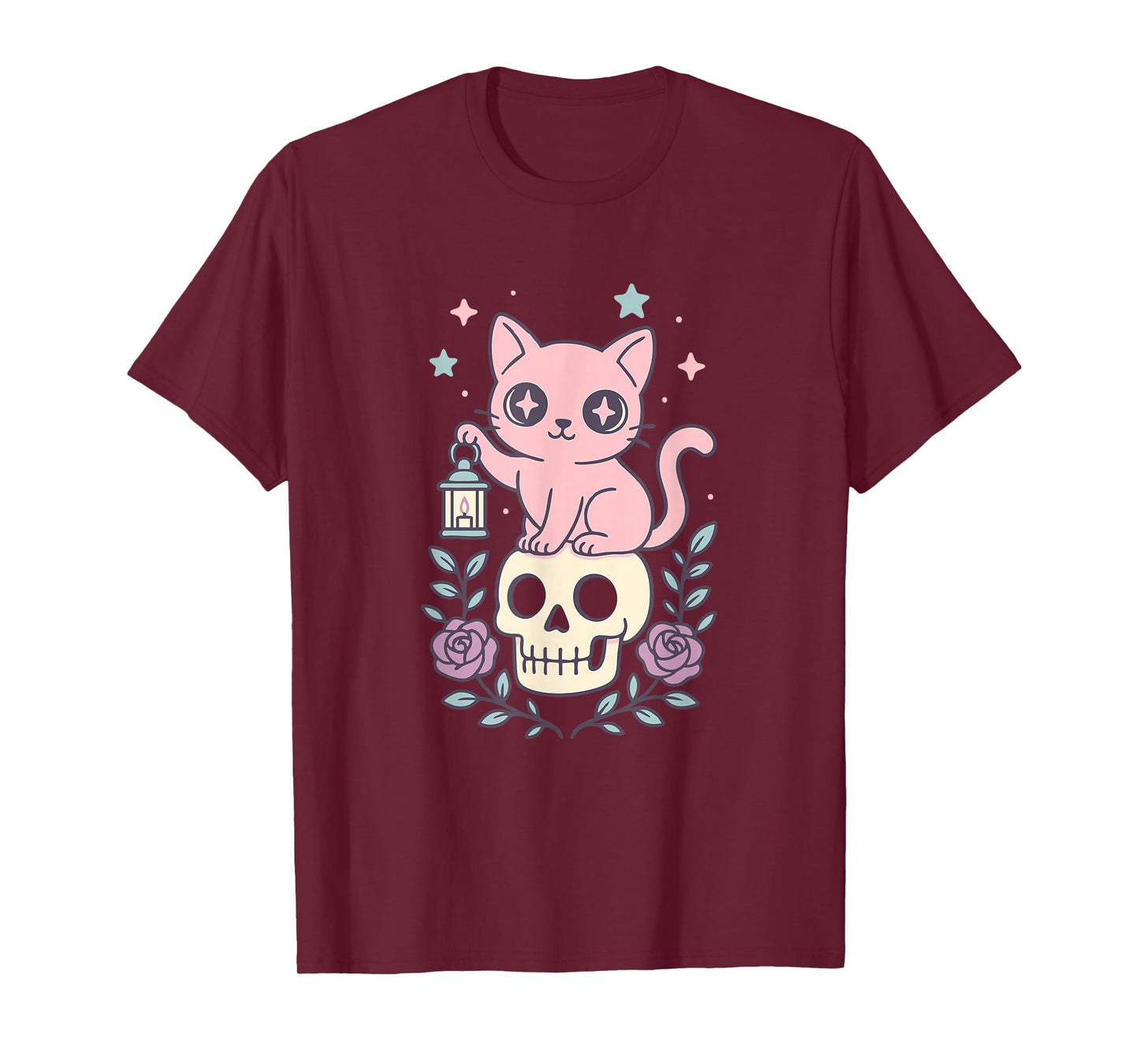 Kawaii Pastel Goth Cat Anime Inside Skull Lantern with Stars T-Shirt