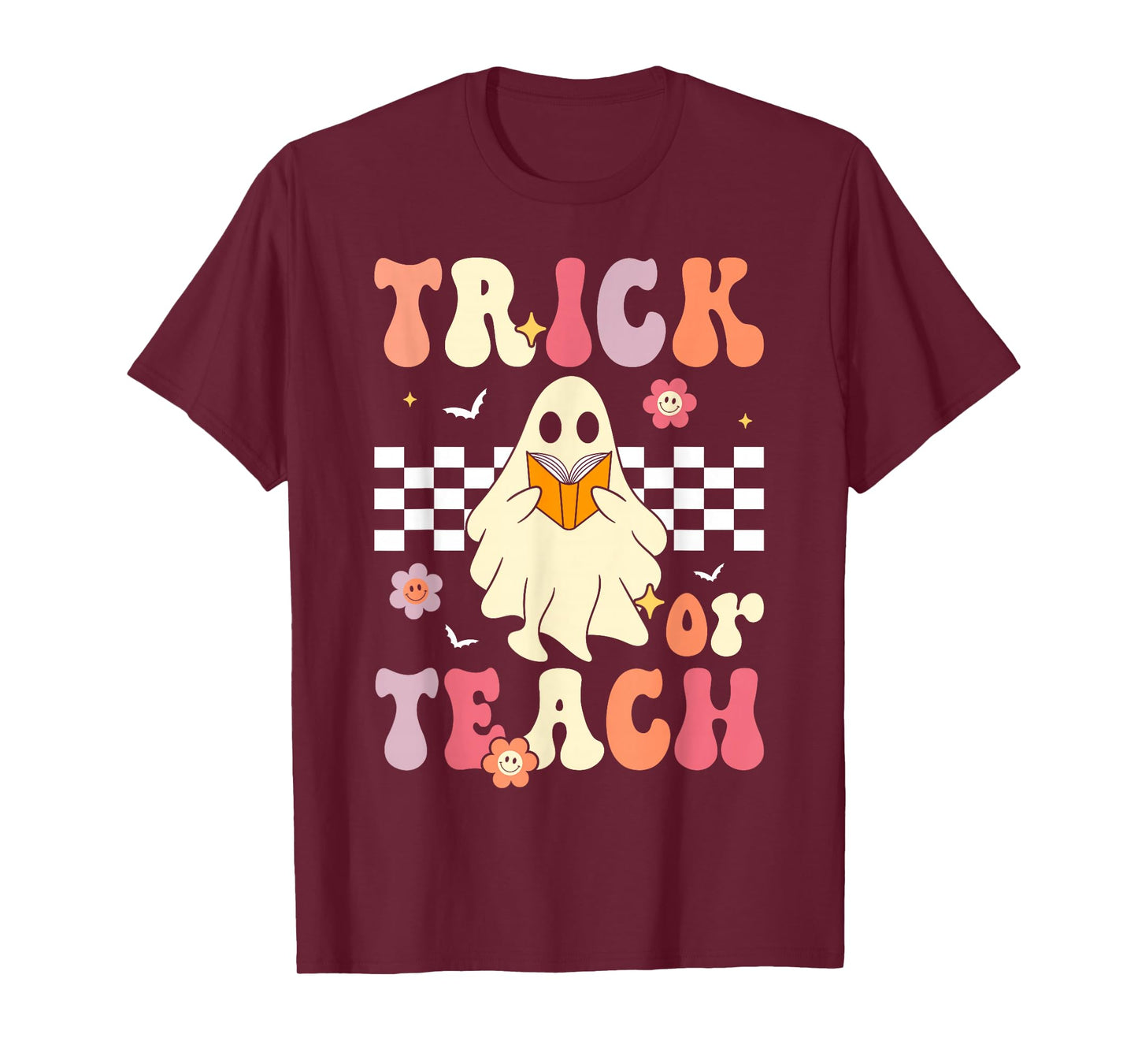 Groovy Teacher Halloween Retro Trick or Teach Floral Ghost T-Shirt