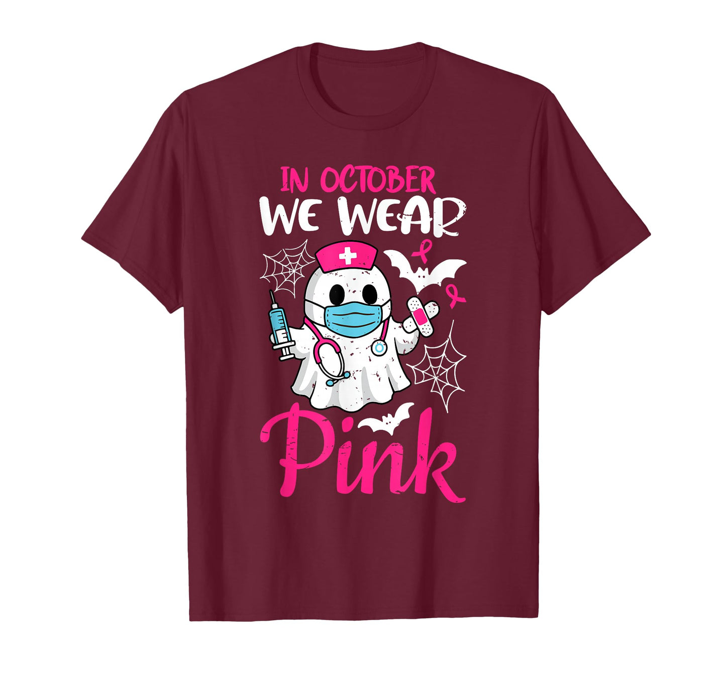 Ghost Nurse Halloween Nursing Breast Cancer Pink Ribbon T-Shirt