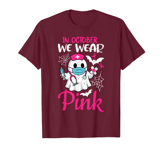 Ghost Nurse Halloween Nursing Breast Cancer Pink Ribbon T-Shirt