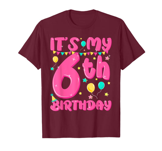 Cute It's My 6th Birthday 6 Six Year Old Kid Girl Pink Party T-Shirt