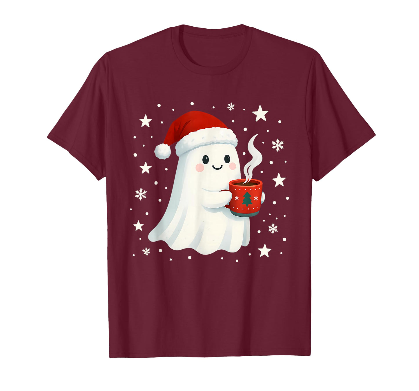 Cute Christmas Ghost with Hot Cocoa Santa Hat Winter Holiday T-Shirt