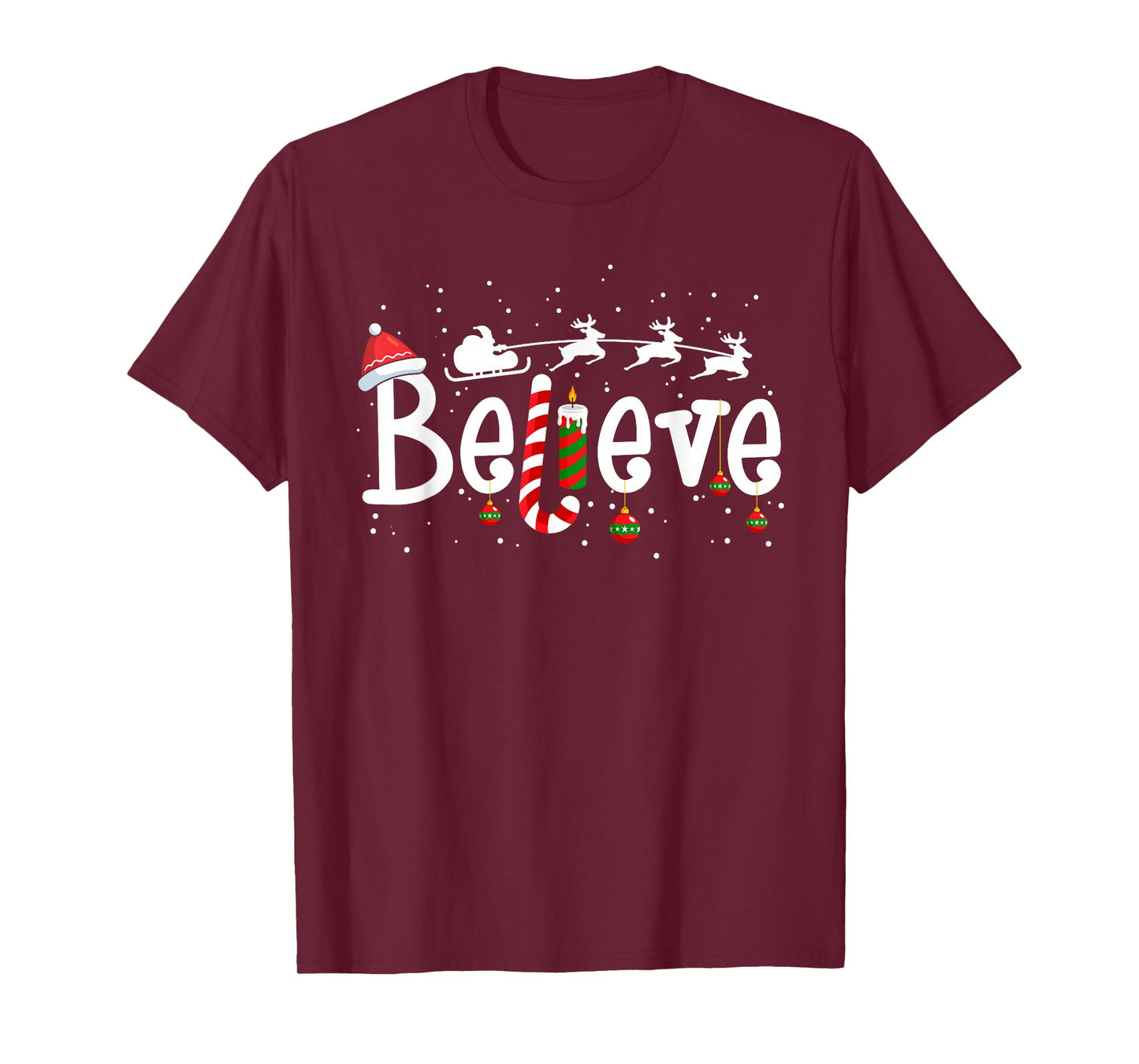 Believe Christmas Santa Claus Reindeer Candy Cane Xmas T-Shirt