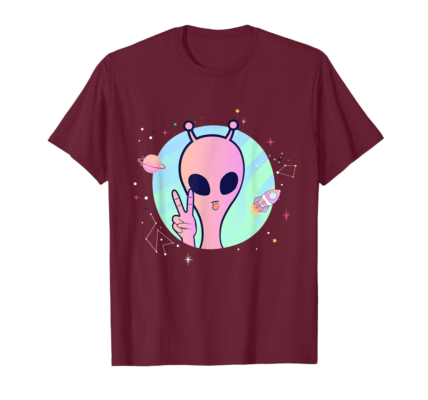 Peace Sign Hand Planet Stars UFO Cool Trippy Pink Alien T-Shirt