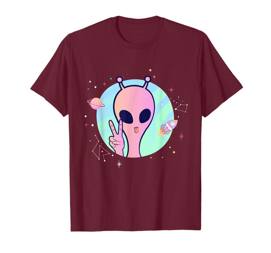 Peace Sign Hand Planet Stars UFO Cool Trippy Pink Alien T-Shirt